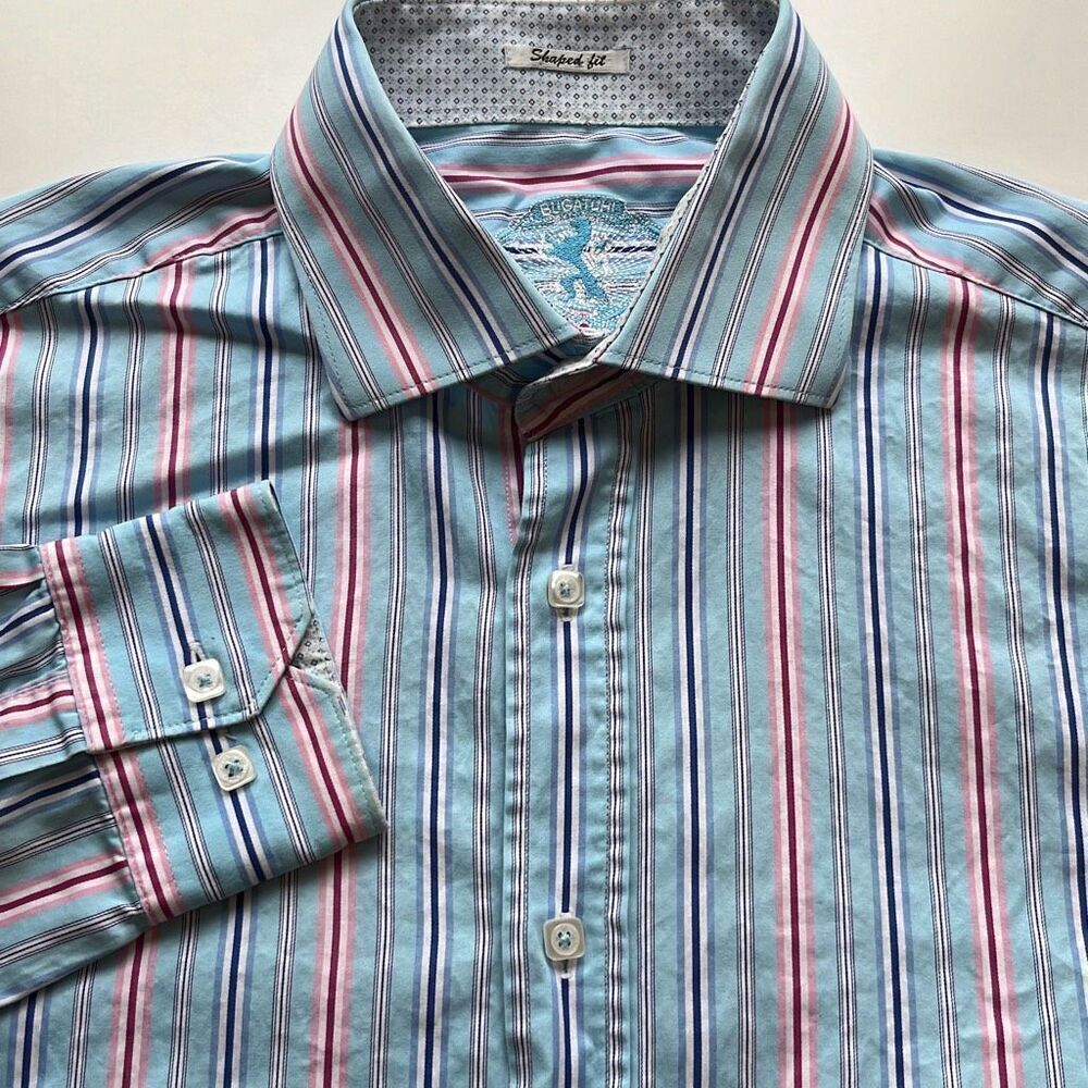 Bugatchi Shaped Fit 100% Cotton Vertical Stripe Dress Shirt Sz. L